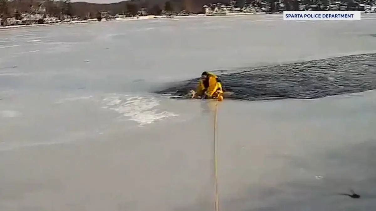 غطس إلى مياه متجمدة.. شاهد إنقاذ شرطي لكلب عالق وسط درجات حرارة متدنية