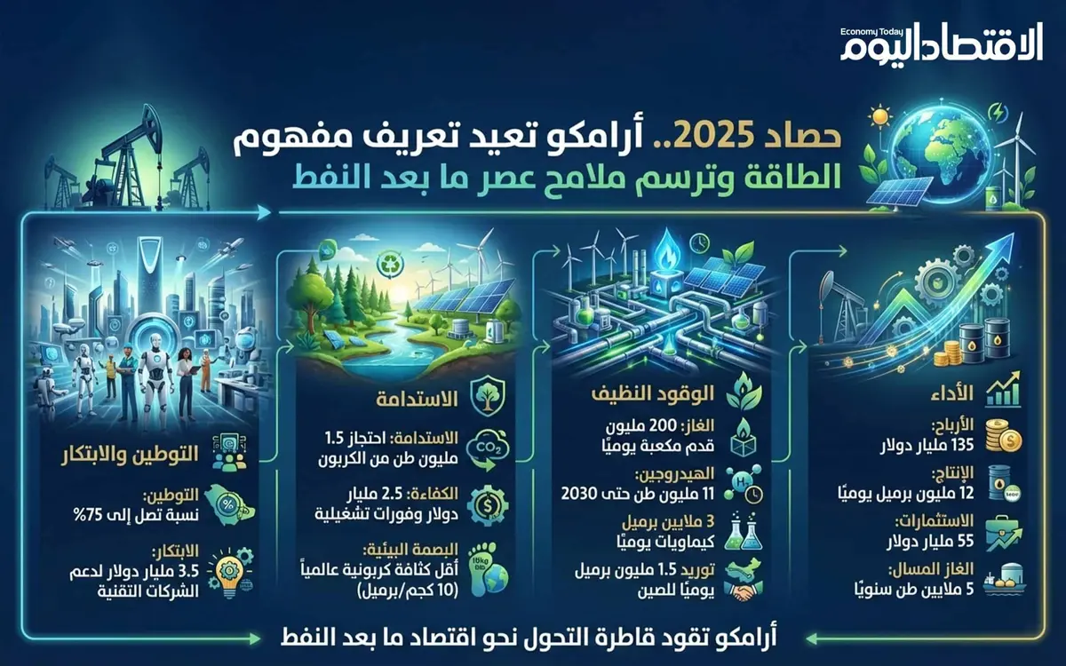 أرامكو تعيد تعريف مفهوم الطاقة وترسم ملامح عصر ما بعد النفط في 2025 (إنفوجراف)