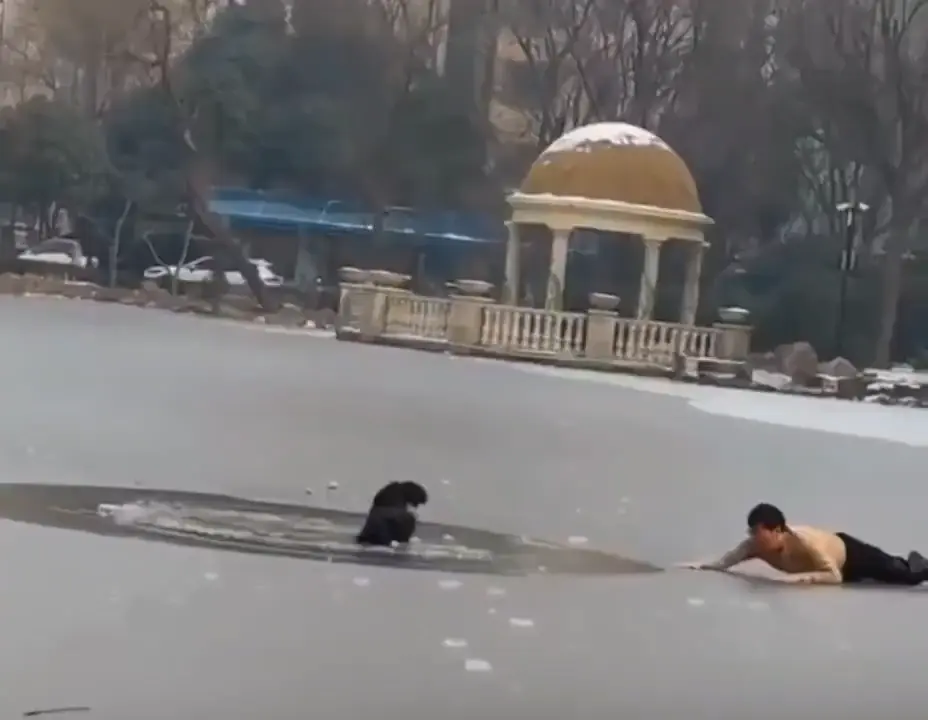 مشاهد درامية.. صيني يخاطر بحياته لإنقاذ طفل من الغرق في بحيرة متجمدة