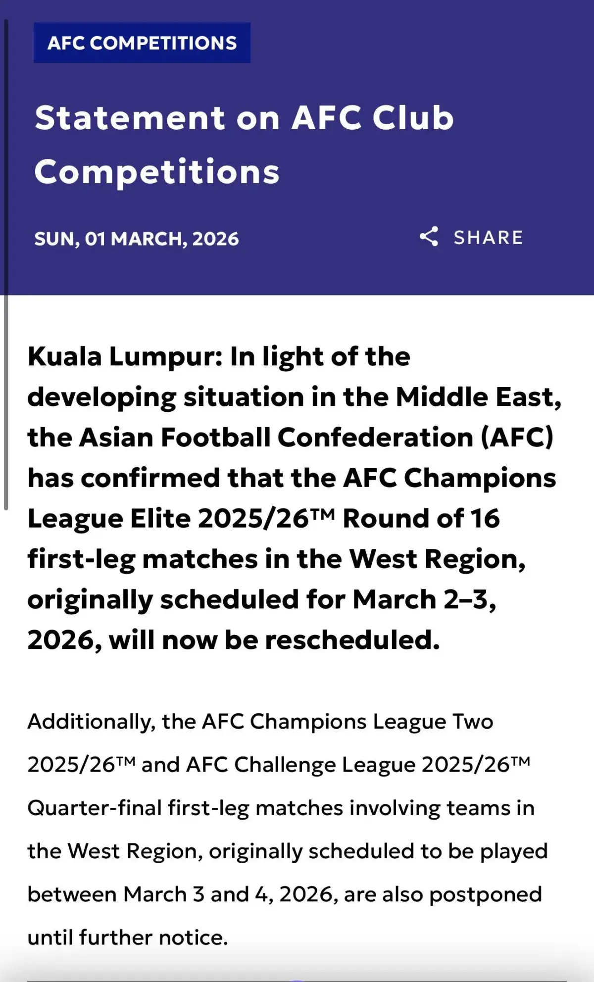 الآسيوي يعيد جدولة مباريات أندية الغرب في «النخبة» «ودوري الأبطال 2»