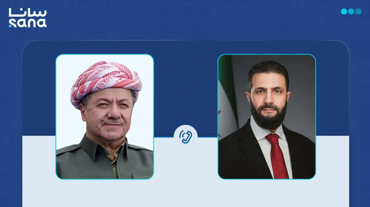 الرئيس الشرع يبحث هاتفياً مع رئيس الحزب الديمقراطي الكردستاني التطورات الإقليمية