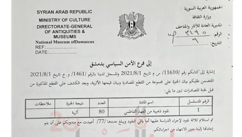 كنز فاطمي في قبضة الأمن السياسي : وثائق تكشف العثور على 80 قطعة ذهبية في بيت دمشقي قديم