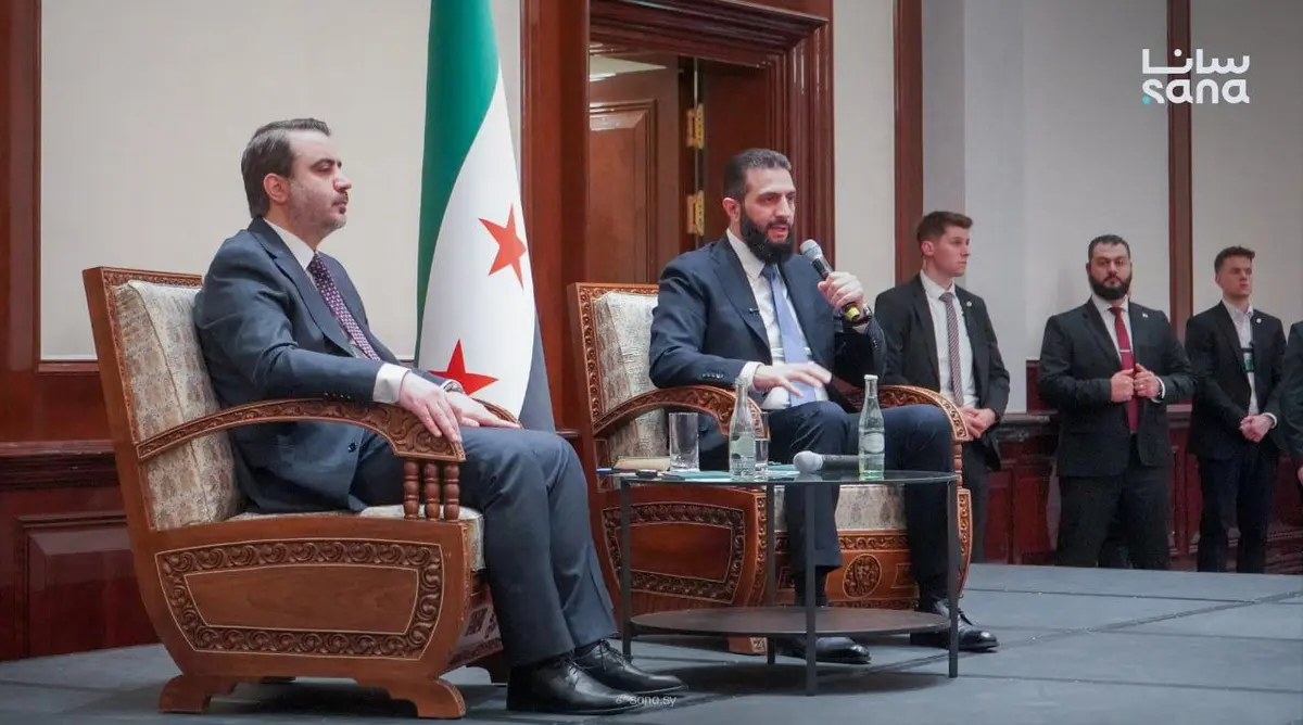 من لقاء الرئيس أحمد الشرع في مقر إقامته ببرلين مع أبناء الجالية السورية بحضور وزير الخارجية